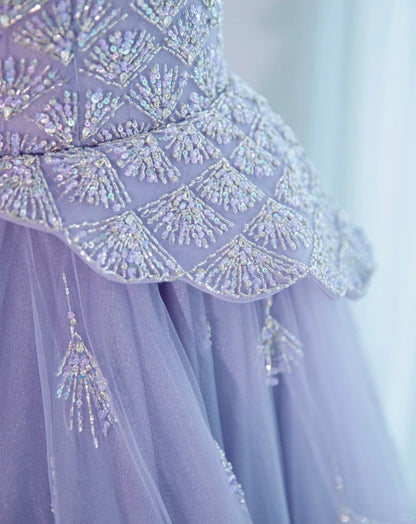 Opulent Purple Off-Shoulder A-Line Beading Evening Dress Dreamy Glittering Sequins Accent Cascade Tulle Layered Prom Dress AP2128