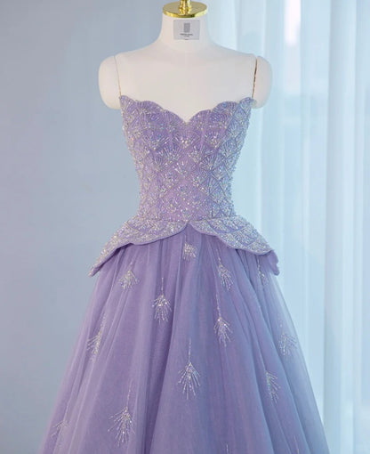 Opulent Purple Off-Shoulder A-Line Beading Evening Dress Dreamy Glittering Sequins Accent Cascade Tulle Layered Prom Dress AP2128