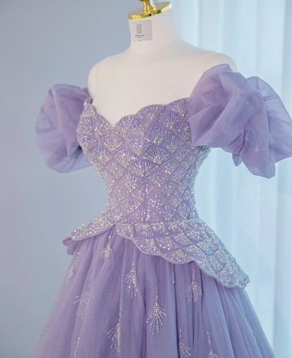 Opulent Purple Off-Shoulder A-Line Beading Evening Dress Dreamy Glittering Sequins Accent Cascade Tulle Layered Prom Dress AP2128