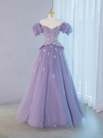 Opulent Purple Off-Shoulder A-Line Beading Evening Dress Dreamy Glittering Sequins Accent Cascade Tulle Layered Prom Dress AP2128