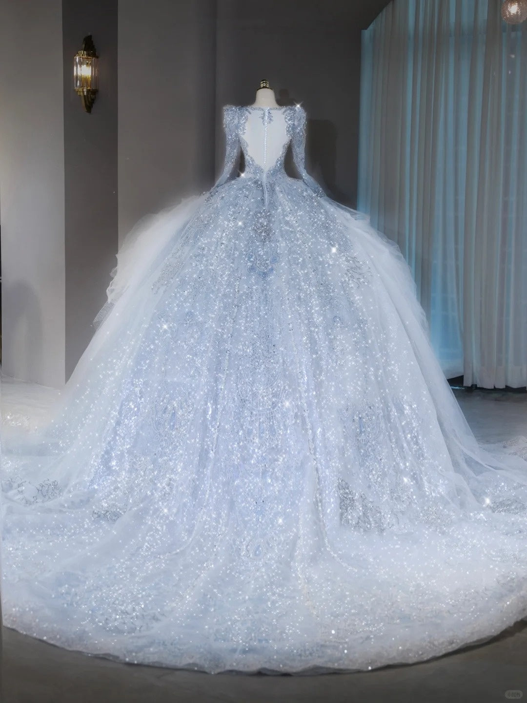 Luxurious Square Neck Light Blue Bridal Dress Intricate Crystal Accent Beading Long Sleeve Wedding Dress AP2129
