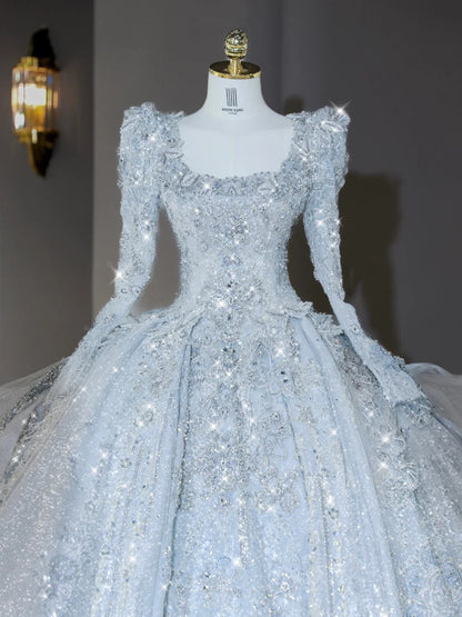 Luxurious Square Neck Light Blue Bridal Dress Intricate Crystal Accent Beading Long Sleeve Wedding Dress AP2129