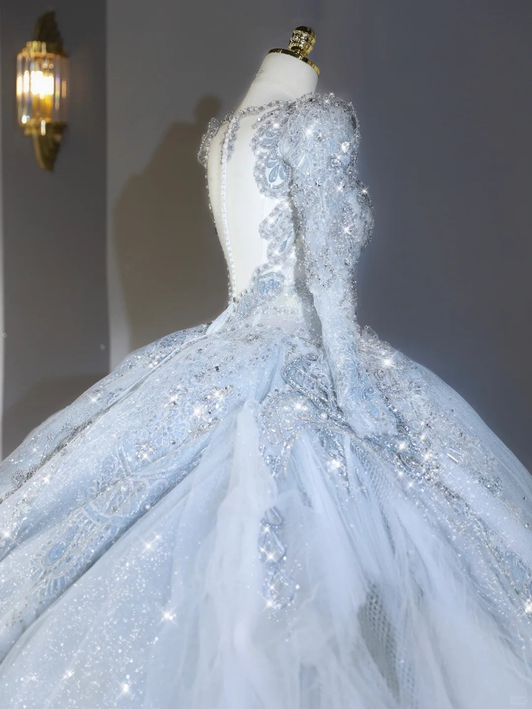 Luxurious Square Neck Light Blue Bridal Dress Intricate Crystal Accent Beading Long Sleeve Wedding Dress AP2129