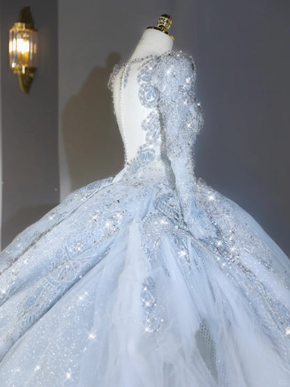 Luxurious Square Neck Light Blue Bridal Dress Intricate Crystal Accent Beading Long Sleeve Wedding Dress AP2129