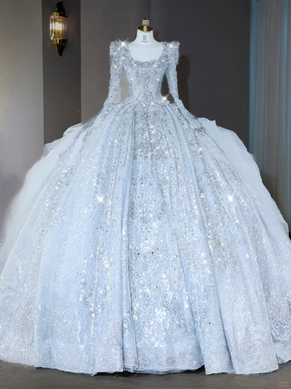 Luxurious Square Neck Light Blue Bridal Dress Intricate Crystal Accent Beading Long Sleeve Wedding Dress AP2129