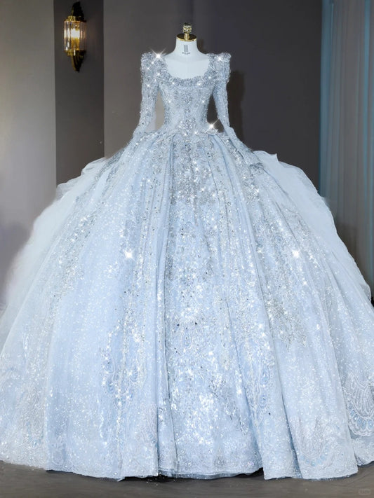 Luxurious Square Neck Light Blue Bridal Dress Intricate Crystal Accent Beading Long Sleeve Wedding Dress AP2129