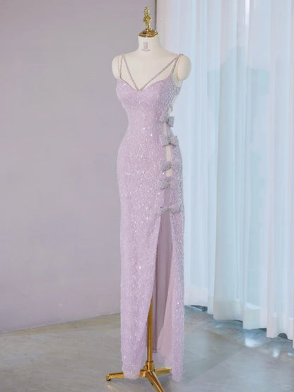 Charming Beading Spaghetti Strap High-Slit Sheath Maxi Dress Exquisitely Designed Side Cutout Glittering Sequins Prom Dress AP2130