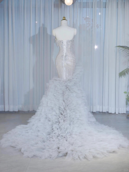 Romantic Pale Blue Crystal Design Mermaid Maxi Dress Charming Cascade Tulle Splicing Strapless Beading Prom Dress AP2131