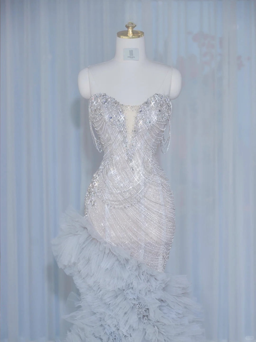 Romantic Pale Blue Crystal Design Mermaid Maxi Dress Charming Cascade Tulle Splicing Strapless Beading Prom Dress AP2131