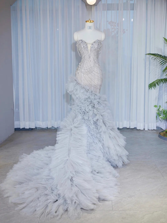 Romantic Pale Blue Crystal Design Mermaid Maxi Dress Charming Cascade Tulle Splicing Strapless Beading Prom Dress AP2131