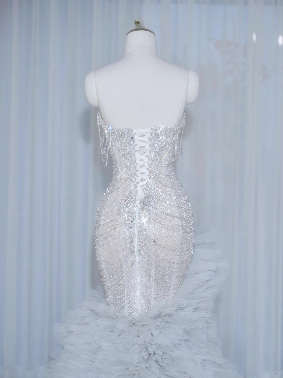 Romantic Pale Blue Crystal Design Mermaid Maxi Dress Charming Cascade Tulle Splicing Strapless Beading Prom Dress AP2131