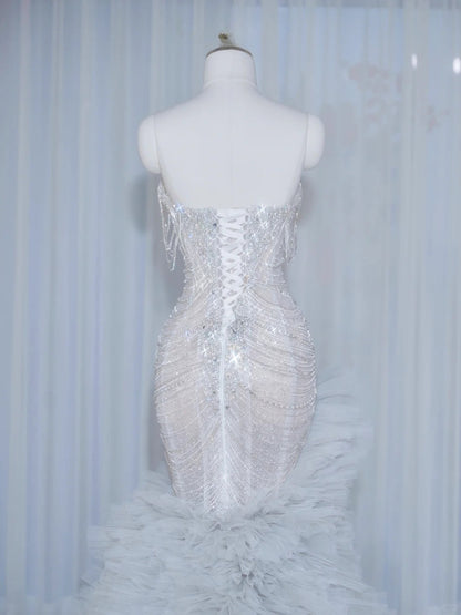 Romantic Pale Blue Crystal Design Mermaid Maxi Dress Charming Cascade Tulle Splicing Strapless Beading Prom Dress AP2131