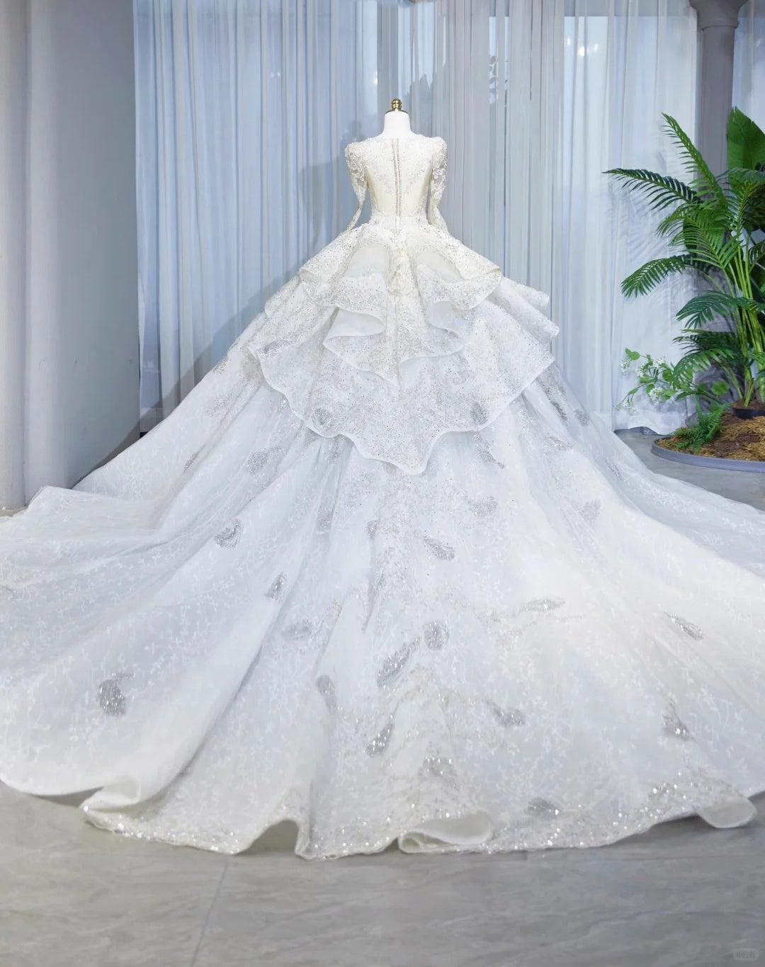 Romantic Sheer Mesh Trim Tiered Hem Bridal Dress Intricate Sequins Accent Beading Long Sleeve Wedding Dress AP2132