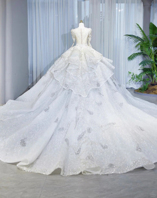 Romantic Sheer Mesh Trim Tiered Hem Bridal Dress Intricate Sequins Accent Beading Long Sleeve Wedding Dress AP2132