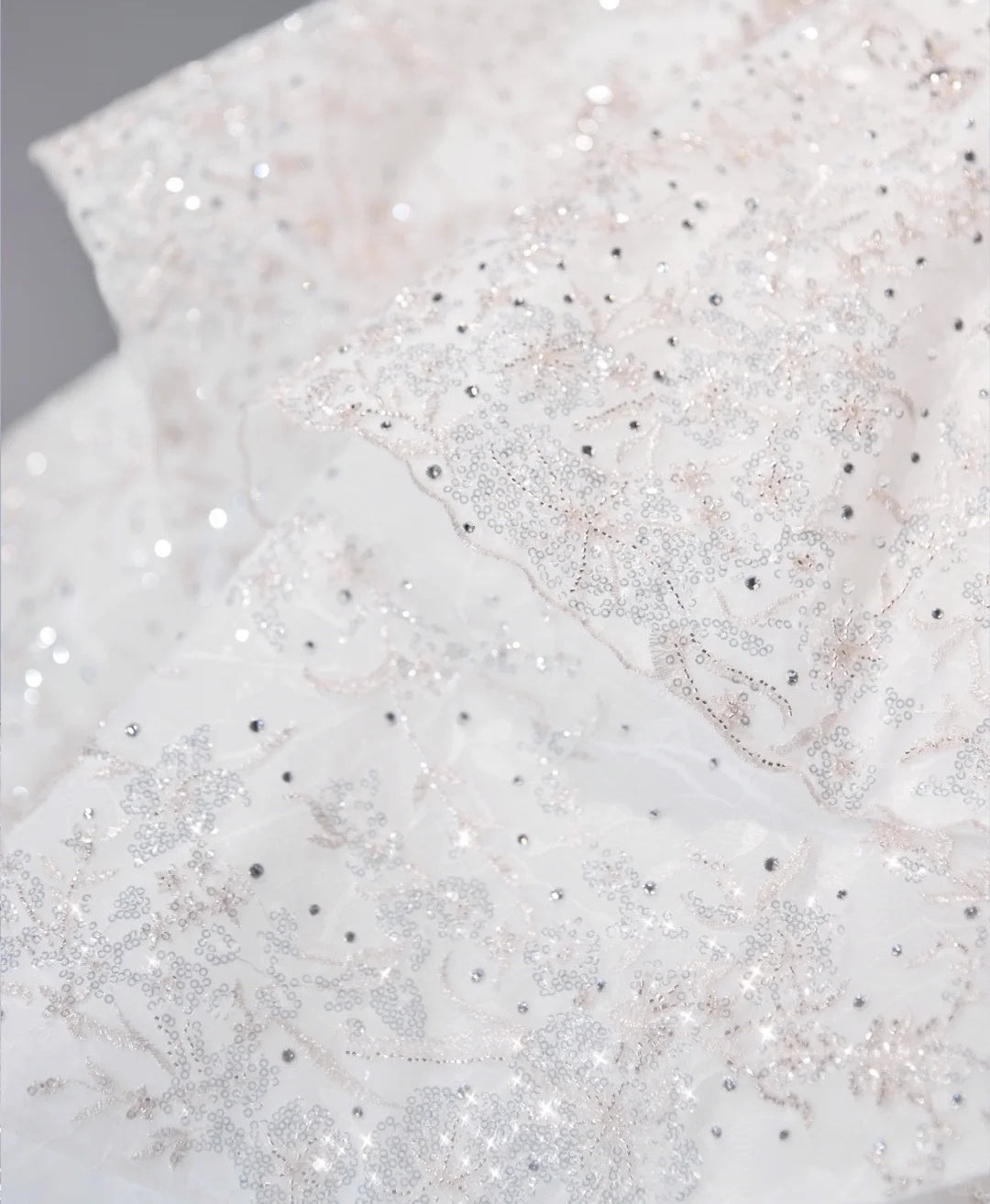 Romantic Sheer Mesh Trim Tiered Hem Bridal Dress Intricate Sequins Accent Beading Long Sleeve Wedding Dress AP2132