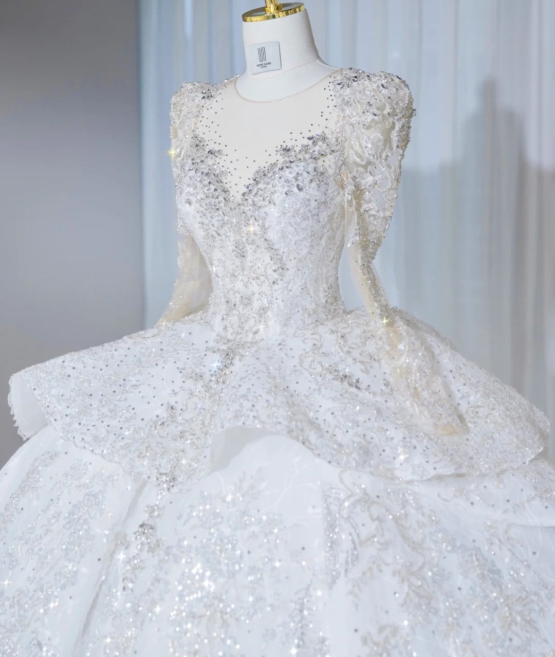 Romantic Sheer Mesh Trim Tiered Hem Bridal Dress Intricate Sequins Accent Beading Long Sleeve Wedding Dress AP2132