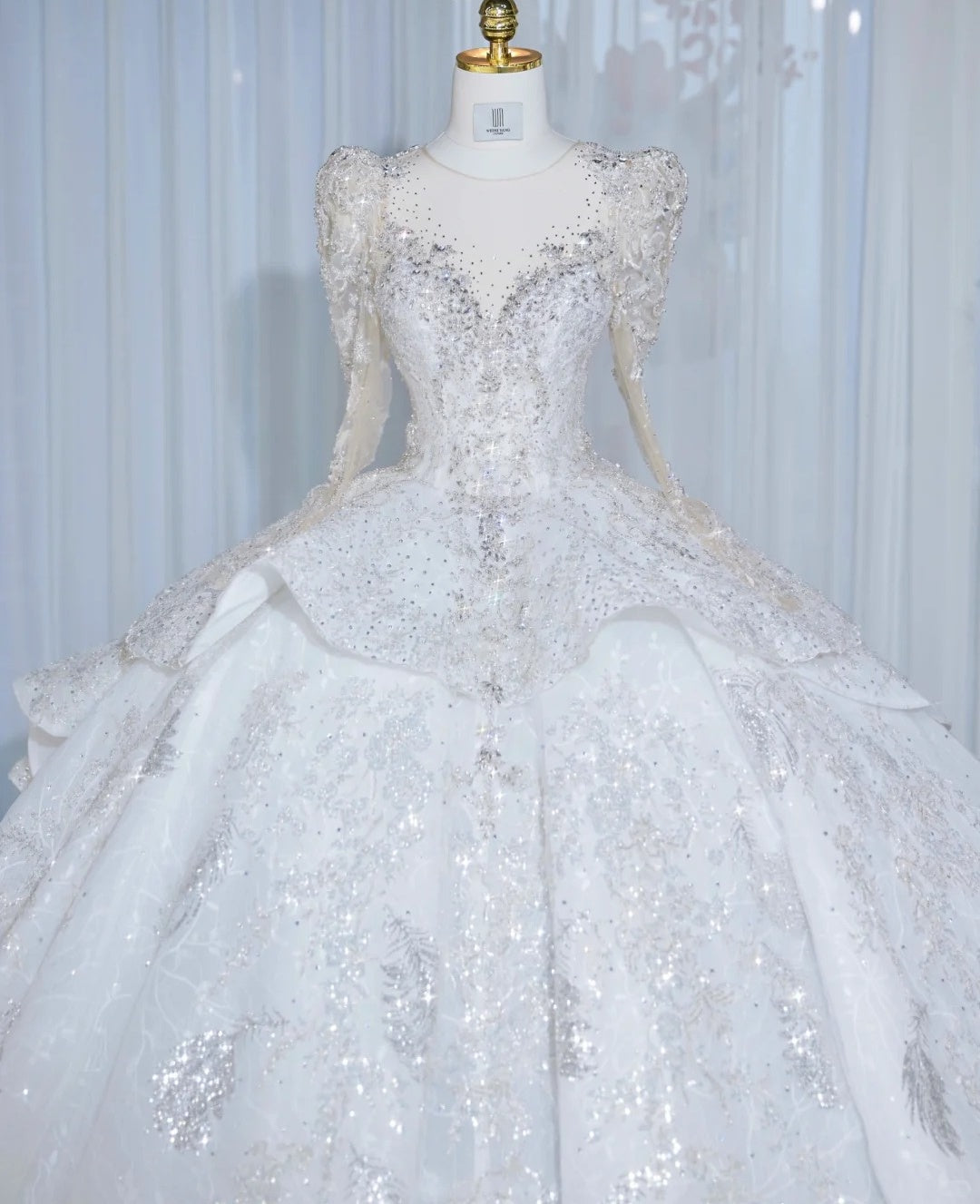 Romantic Sheer Mesh Trim Tiered Hem Bridal Dress Intricate Sequins Accent Beading Long Sleeve Wedding Dress AP2132