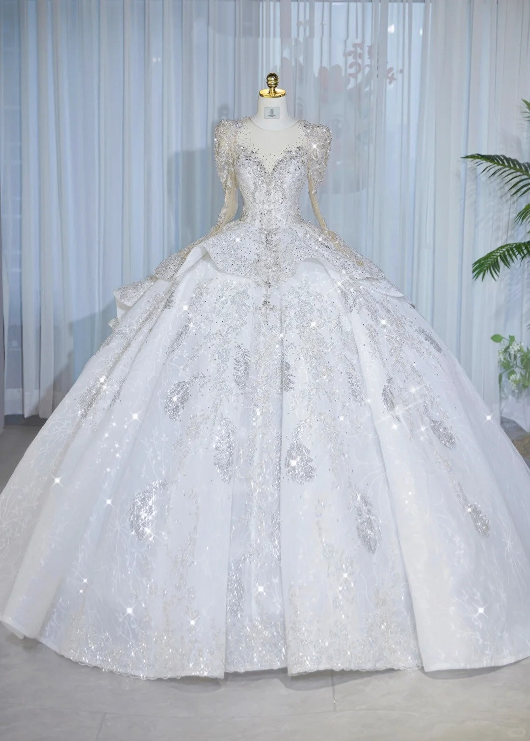 Romantic Sheer Mesh Trim Tiered Hem Bridal Dress Intricate Sequins Accent Beading Long Sleeve Wedding Dress AP2132