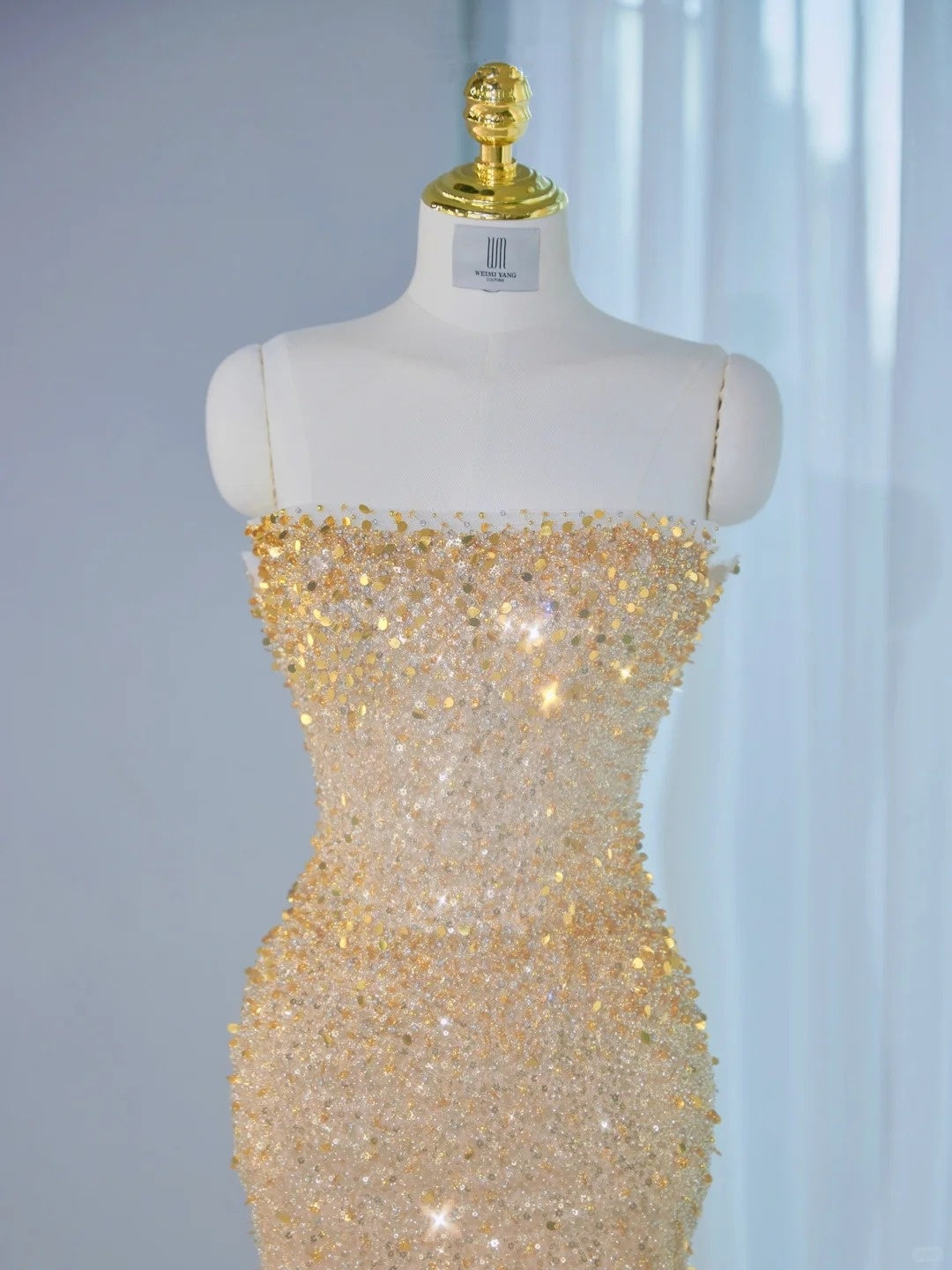 Charming Gold Sequin Strapless Mermaid Maxi Dress Detachable Tulle Cape Beading Accent Prom Dress AP2133