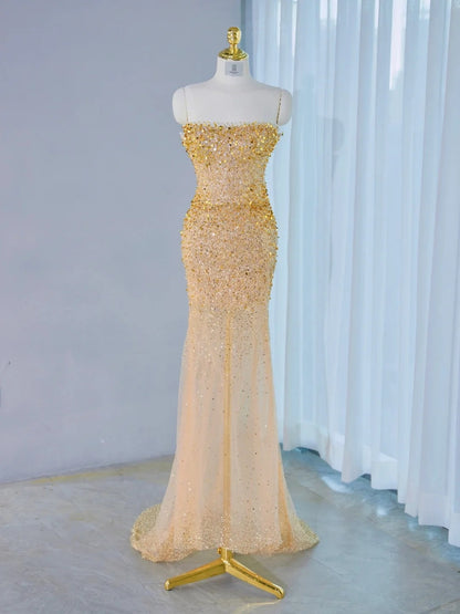 Charming Gold Sequin Strapless Mermaid Maxi Dress Detachable Tulle Cape Beading Accent Prom Dress AP2133