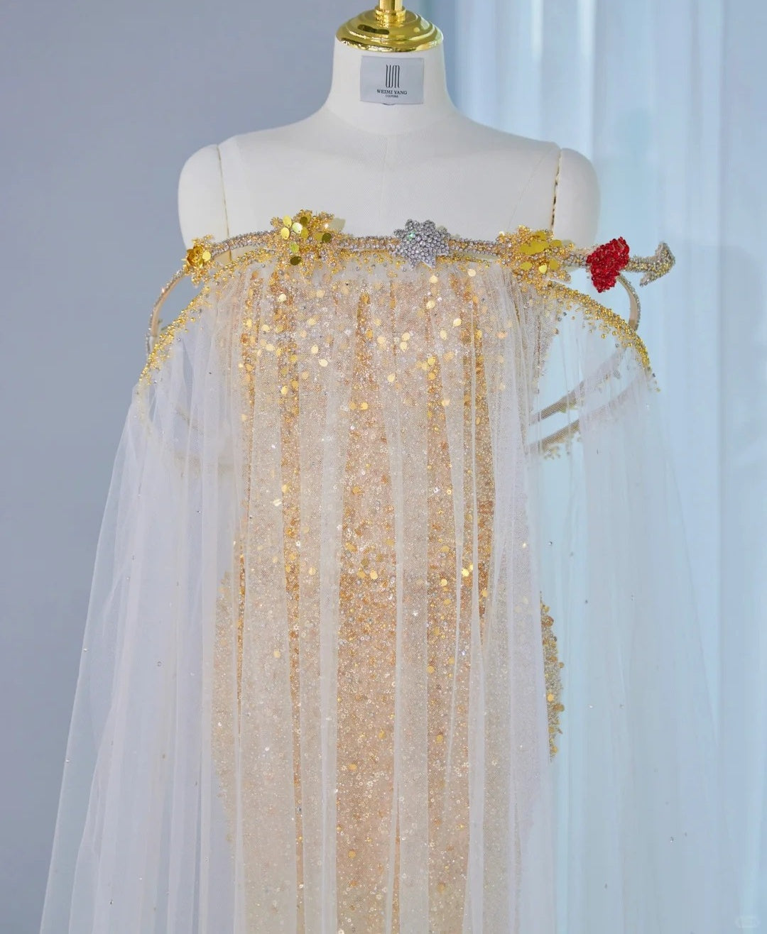 Charming Gold Sequin Strapless Mermaid Maxi Dress Detachable Tulle Cape Beading Accent Prom Dress AP2133