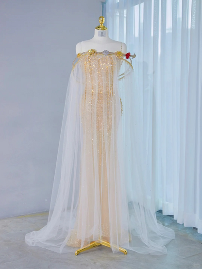 Charming Gold Sequin Strapless Mermaid Maxi Dress Detachable Tulle Cape Beading Accent Prom Dress AP2133