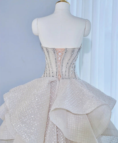 Alluring A-Line Strapless Ruffled Hem Maxi Dress Shimmering Beading Corset Bodice Asymmetric Hem Prom Dress AP2134