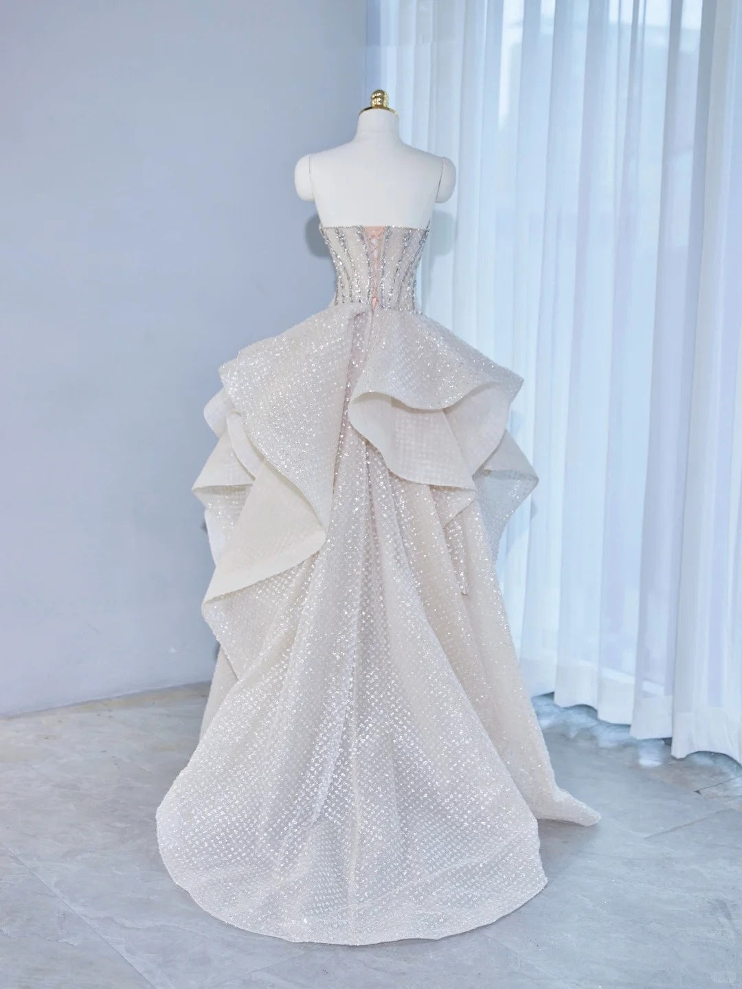 Alluring A-Line Strapless Ruffled Hem Maxi Dress Shimmering Beading Corset Bodice Asymmetric Hem Prom Dress AP2134