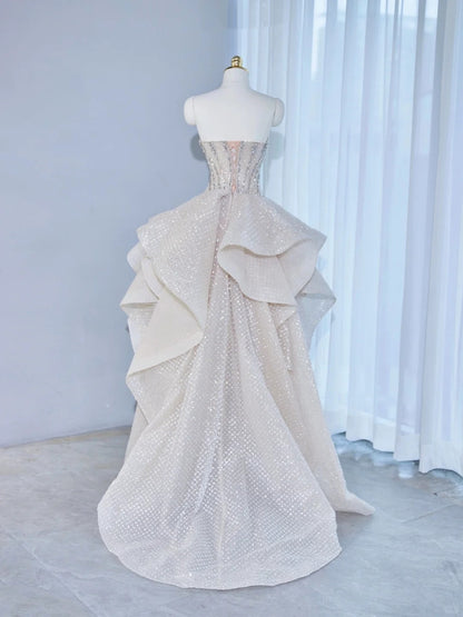 Alluring A-Line Strapless Ruffled Hem Maxi Dress Shimmering Beading Corset Bodice Asymmetric Hem Prom Dress AP2134