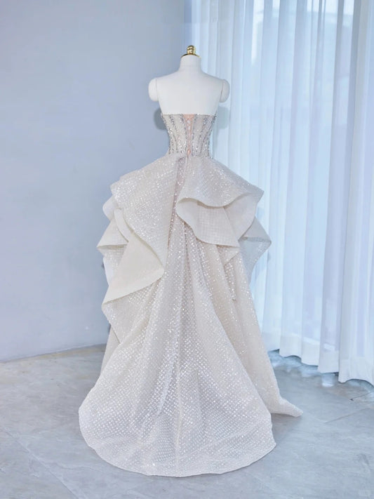 Alluring A-Line Strapless Ruffled Hem Maxi Dress Shimmering Beading Corset Bodice Asymmetric Hem Prom Dress AP2134