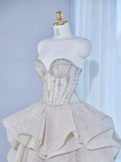 Alluring A-Line Strapless Ruffled Hem Maxi Dress Shimmering Beading Corset Bodice Asymmetric Hem Prom Dress AP2134