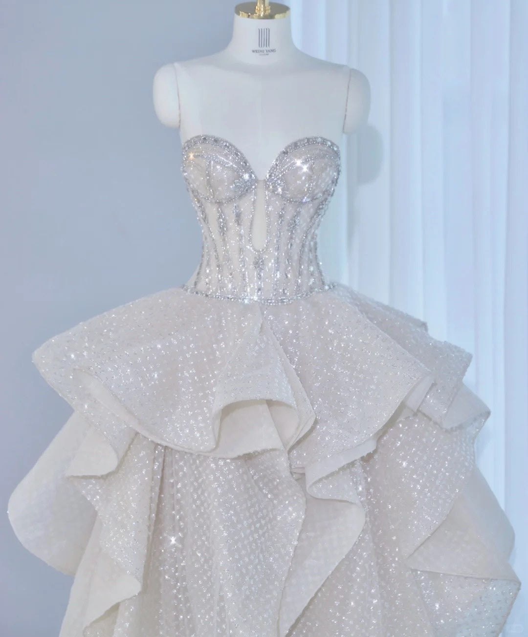 Alluring A-Line Strapless Ruffled Hem Maxi Dress Shimmering Beading Corset Bodice Asymmetric Hem Prom Dress AP2134