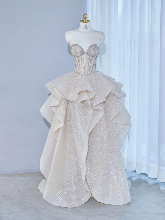 Alluring A-Line Strapless Ruffled Hem Maxi Dress Shimmering Beading Corset Bodice Asymmetric Hem Prom Dress AP2134