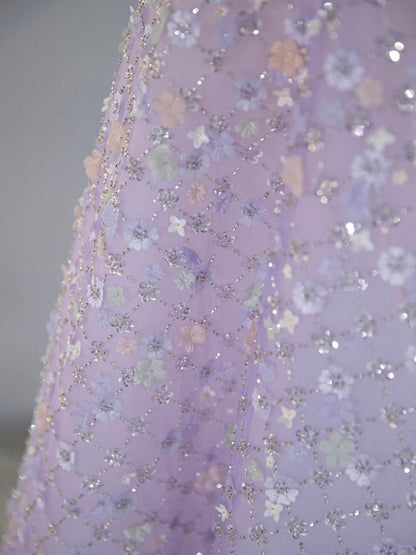 Charming Colorful Floral Print Beaded A-Line Maxi Dress Romantic Spaghetti Strap Mesh Trim Prom Dress AP2135