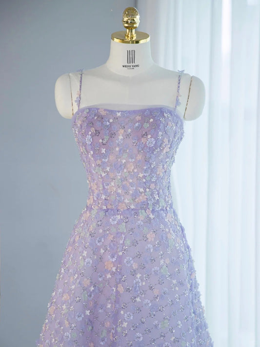 Charming Colorful Floral Print Beaded A-Line Maxi Dress Romantic Spaghetti Strap Mesh Trim Prom Dress AP2135