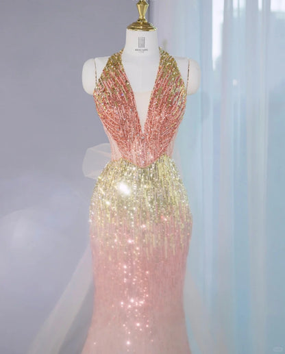 Opulent Gradient Sequins Trimmed Mermaid Hem Maxi Dress Vogue Tulle Bow Design Backless Halter Prom Dress AP2136