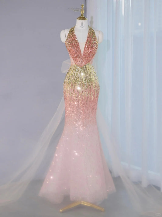 Opulent Gradient Sequins Trimmed Mermaid Hem Maxi Dress Vogue Tulle Bow Design Backless Halter Prom Dress AP2136