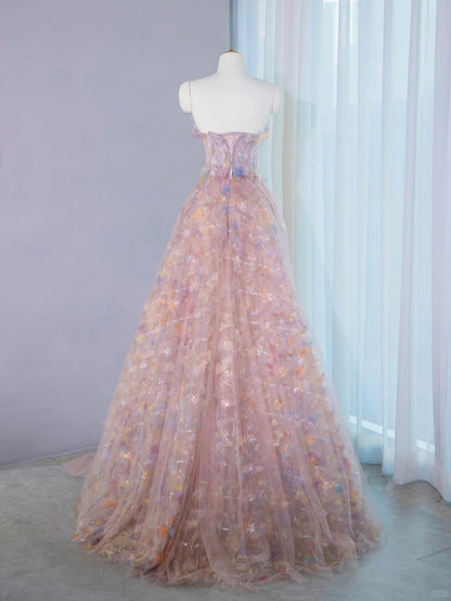 Charming Strapless Colorful 3D Petal Maxi Dress Elegant Sparkling Sequins Accent Sheer Tulle Splicing Prom Dress AP2139