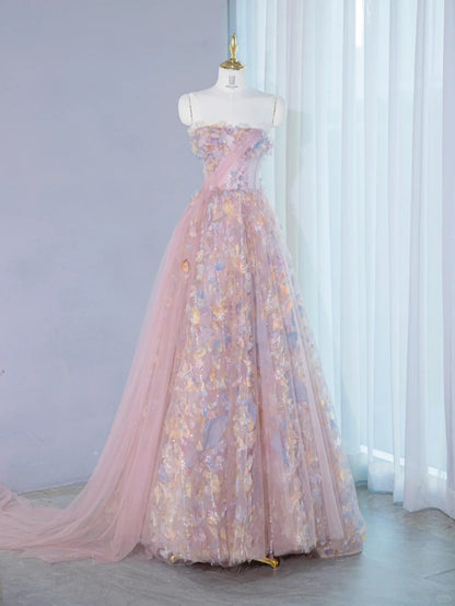 Charming Strapless Colorful 3D Petal Maxi Dress Elegant Sparkling Sequins Accent Sheer Tulle Splicing Prom Dress AP2139