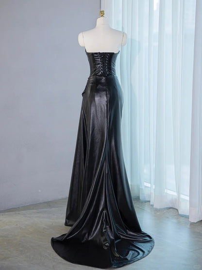 Opulent Black Leather-Like Fabric Strapless Maxi Dress Chic Ruched Neckline Lace-Up Back Prom Dress AP2140