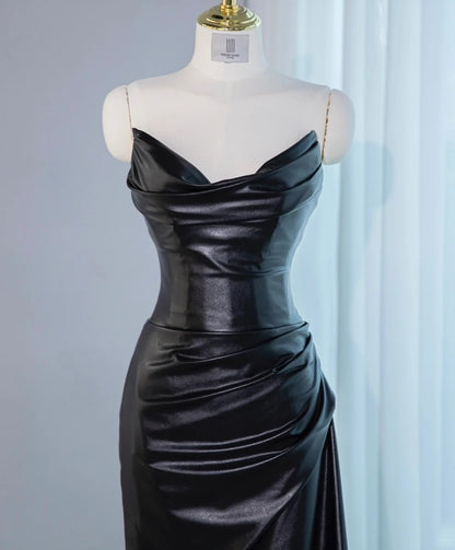 Opulent Black Leather-Like Fabric Strapless Maxi Dress Chic Ruched Neckline Lace-Up Back Prom Dress AP2140