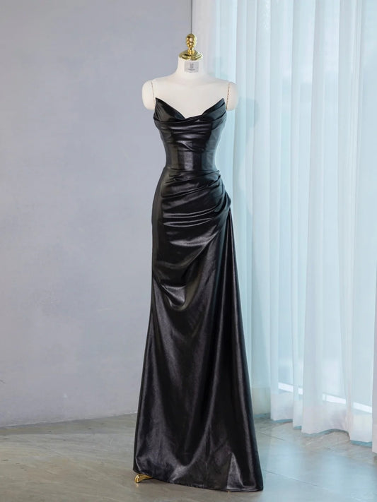 Opulent Black Leather-Like Fabric Strapless Maxi Dress Chic Ruched Neckline Lace-Up Back Prom Dress AP2140