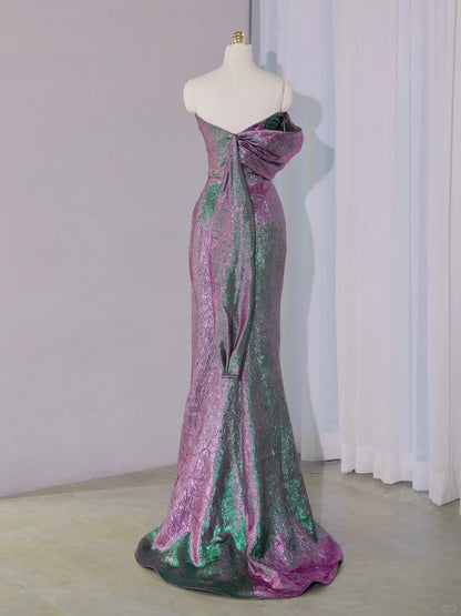 Alluring Pink & Green Iridescent Metallic Strapless Maxi Dress Novelty Cutout Ruched Prom Dress AP2141