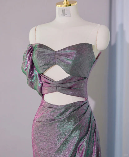 Alluring Pink & Green Iridescent Metallic Strapless Maxi Dress Novelty Cutout Ruched Prom Dress AP2141