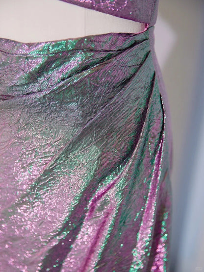 Alluring Pink & Green Iridescent Metallic Strapless Maxi Dress Novelty Cutout Ruched Prom Dress AP2141