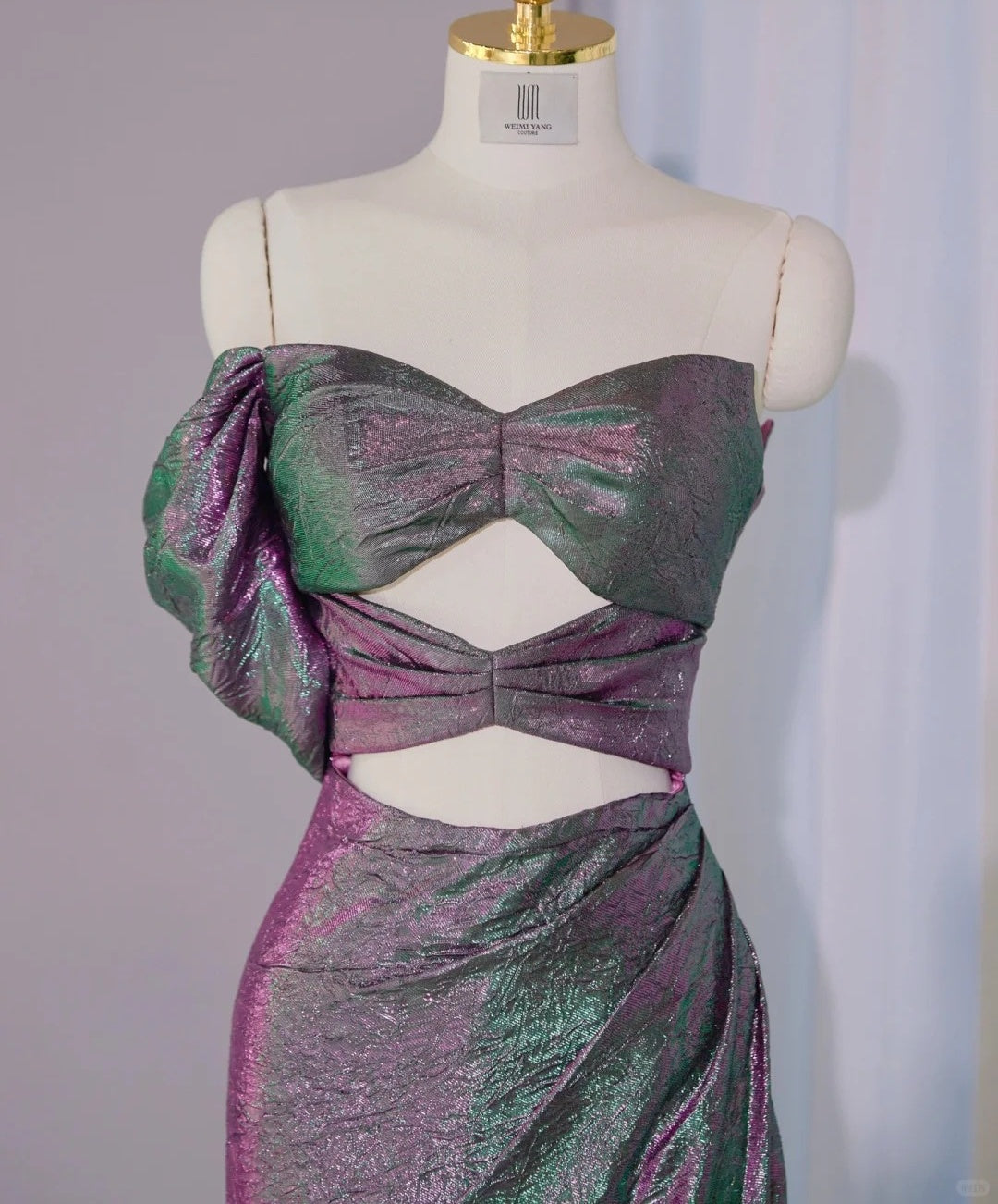 Alluring Pink & Green Iridescent Metallic Strapless Maxi Dress Novelty Cutout Ruched Prom Dress AP2141