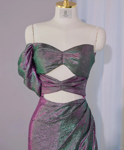 Alluring Pink & Green Iridescent Metallic Strapless Maxi Dress Novelty Cutout Ruched Prom Dress AP2141