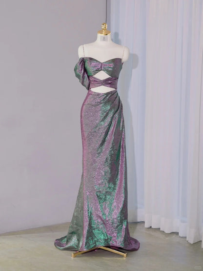 Alluring Pink & Green Iridescent Metallic Strapless Maxi Dress Novelty Cutout Ruched Prom Dress AP2141