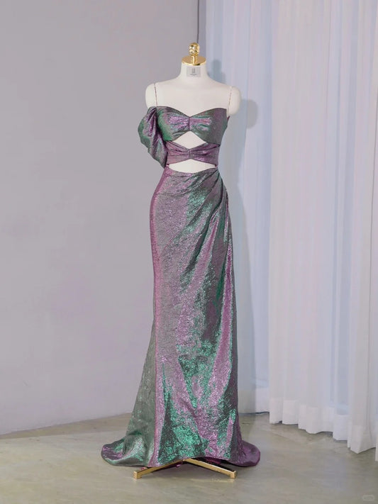 Alluring Pink & Green Iridescent Metallic Strapless Maxi Dress Novelty Cutout Ruched Prom Dress AP2141