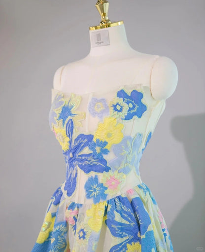 Vibrant Strapless Colorful Floral Embroidered Maxi Dress Elegant Sheen Fabric A-Line Prom Dress AP2142